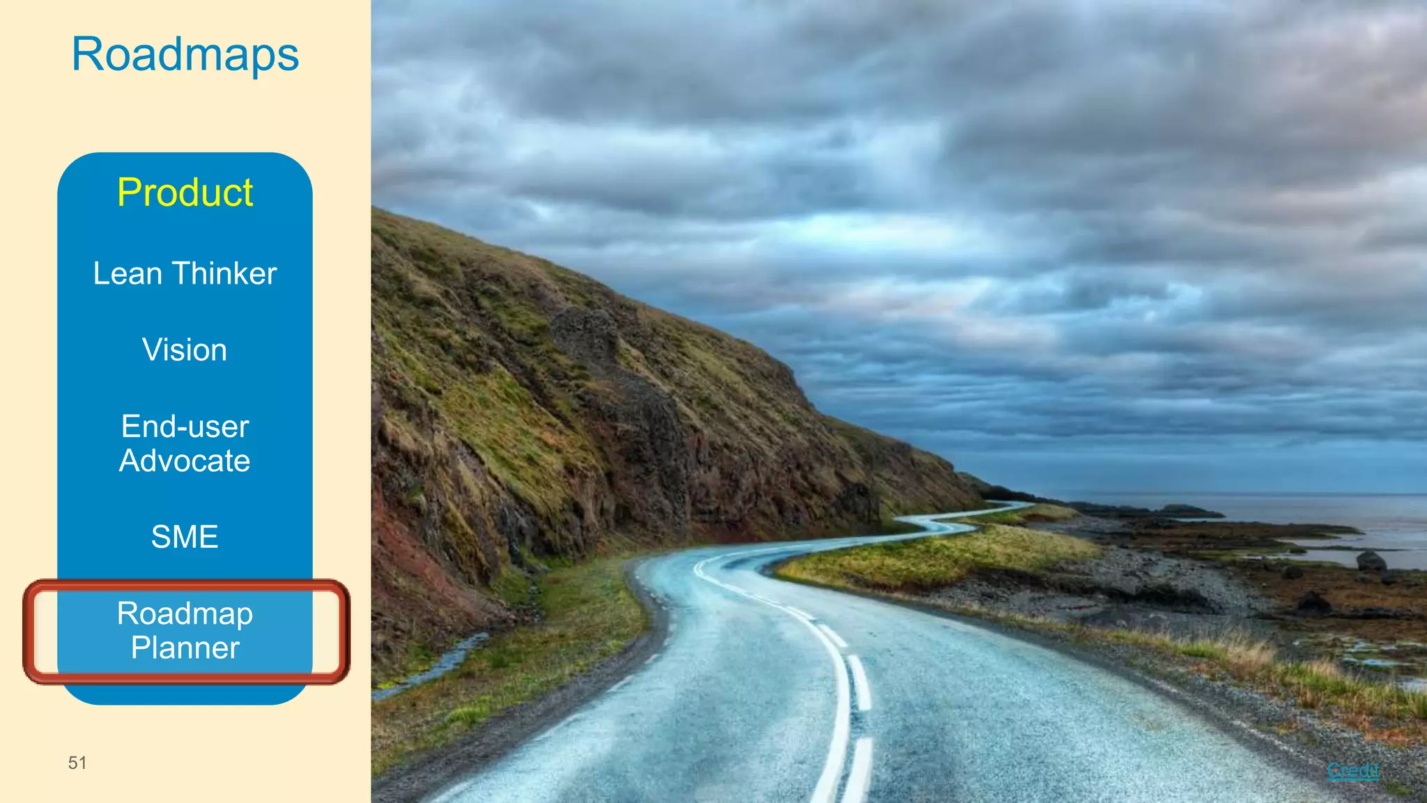 Roadmaps
Product
Lean Thinker
Vision
End-user
Advocate
SME
Roadmap
Planner

51

Credit

 
