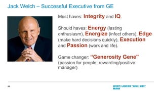 Jack Welch – Successful Executive from GE
Must haves: Integrity and IQ.

Should haves: Energy (lasting
enthusiasm), Energize (infect others), Edge
(make hard decisions quickly), Execution
and Passion (work and life).
Game changer: “Generosity Gene"
(passion for people, rewarding/positive
manager)

20

Credit: LinkedIn “How I Hire”
series

 