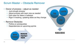 Scrum Master – Obstacle Remover
• Owner of process – adjust as needed
‟
‟
‟
‟

Just enough process
Adjust process with team size as needed
Ears open for ideas in hallways
Rigor in tracking, updating ideas as they change

• Remove Obstacles

to

Lots
Do

‟ Politics or prerequisites
‟ Dependencies on upcoming sprints

Bad
Thing
42

„ Remove
„ Protect
Team

Success

 