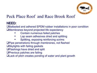 <ul><li>Peck Place Roof  and Race Brook Roof </li></ul><ul><li>NEED: </li></ul><ul><li>Ballasted and adhered EPDM rubber i...