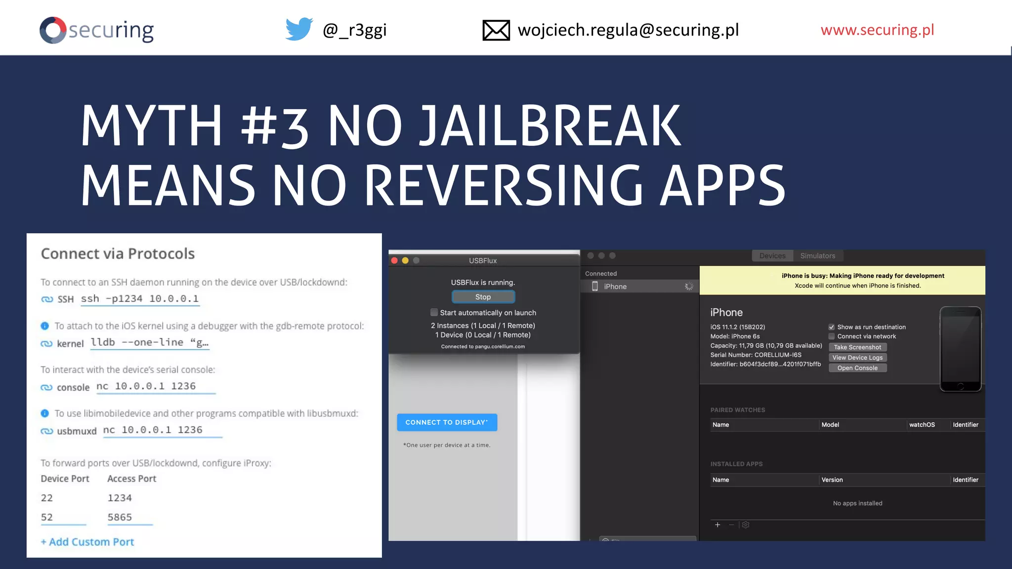www.securing.plwww.securing.pl
MYTH #3 NO JAILBREAK
MEANS NO REVERSING APPS
@_r3ggi wojciech.regula@securing.pl
 