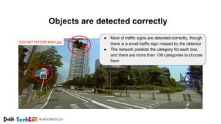 #denatechcon
Objects are detected correctly
● Most of traffic signs are detected correctly, though
there is a small traffic sign missed by the detector
● The network predicts the category for each box,
and there are more than 100 categories to choose
from
 
