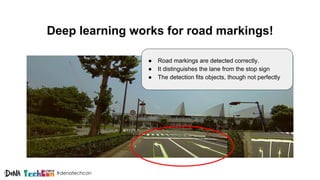 #denatechcon
Deep learning works for road markings!
● Road markings are detected correctly.
● It distinguishes the lane from the stop sign
● The detection fits objects, though not perfectly
 