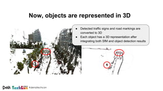 #denatechcon
Now, objects are represented in 3D
● Detected traffic signs and road markings are
converted to 3D
● Each object has a 3D representation after
integrating both SfM and object detection results
 