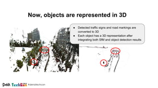 #denatechcon
Now, objects are represented in 3D
● Detected traffic signs and road markings are
converted to 3D
● Each obje...