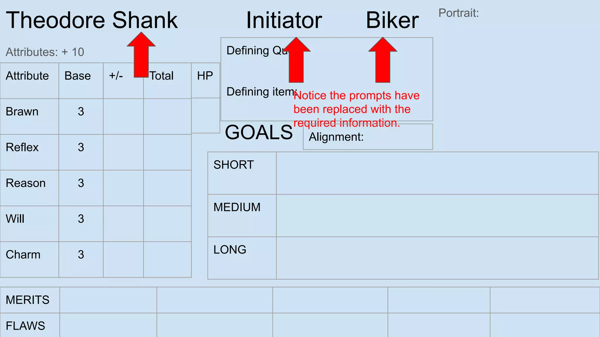 Theodore Shank Initiator Biker
Attributes: + 10
Portrait:
Attribute Base +/- Total
Brawn 3
Reflex 3
Reason 3
Will 3
Charm 3
SHORT
MEDIUM
LONG
GOALS
MERITS
FLAWS
Defining Quote
Defining item:
HP
Notice the prompts have
been replaced with the
required information.
Alignment:
 