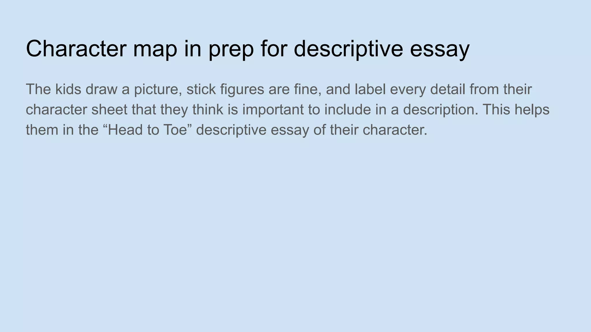 Character map in prep for descriptive essay
The kids draw a picture, stick figures are fine, and label every detail from their
character sheet that they think is important to include in a description. This helps
them in the “Head to Toe” descriptive essay of their character.
 