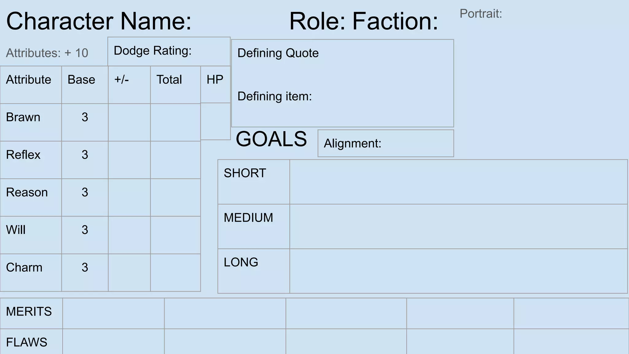 Character Name: Role: Faction:
Attributes: + 10
Portrait:
Attribute Base +/- Total
Brawn 3
Reflex 3
Reason 3
Will 3
Charm 3
SHORT
MEDIUM
LONG
GOALS
MERITS
FLAWS
Defining Quote
Defining item:
HP
Alignment:
Dodge Rating:
 