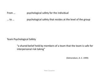 From … psychological safety for the individual 
… to … psychological safety that resides at the level of the group 
Team Psychological Safety 
“a shared belief held by members of a team that the team is safe for 
interpersonal risk taking” 
(Edmondson, A. C. 1999) 
Peter Cauwelier  