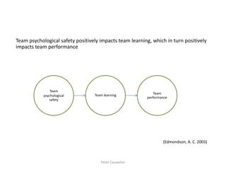 (Edmondson, A. C. 2003) 
Team psychological safety 
Team learning 
Team performance 
Team psychological safety positively impacts team learning, which in turn positively impacts team performance 
Peter Cauwelier  