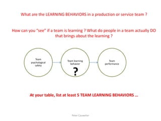 Team psychological safety 
Team learning behavior 
Team performance 
What are the LEARNING BEHAVIORS in a production or service team ? 
How can you “see” if a team is learning ? What do people in a team actually DO that brings about the learning ? 
At your table, list at least 5 TEAM LEARNING BEHAVIORS … 
Peter Cauwelier 
?  
