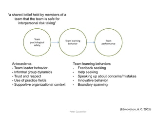 Peter Cauwelier 
Team psychological safety 
Team learning behavior 
Team performance 
Antecedents: - Team leader behavior - Informal group dynamics - Trust and respect - Use of practice fields - Supportive organizational context 
Team learning behaviors 
-Feedback seeking 
-Help seeking 
-Speaking up about concerns/mistakes 
-Innovative behavior 
-Boundary spanning 
“a shared belief held by members of a team that the team is safe for interpersonal risk taking” 
(Edmondson, A. C. 2003)  