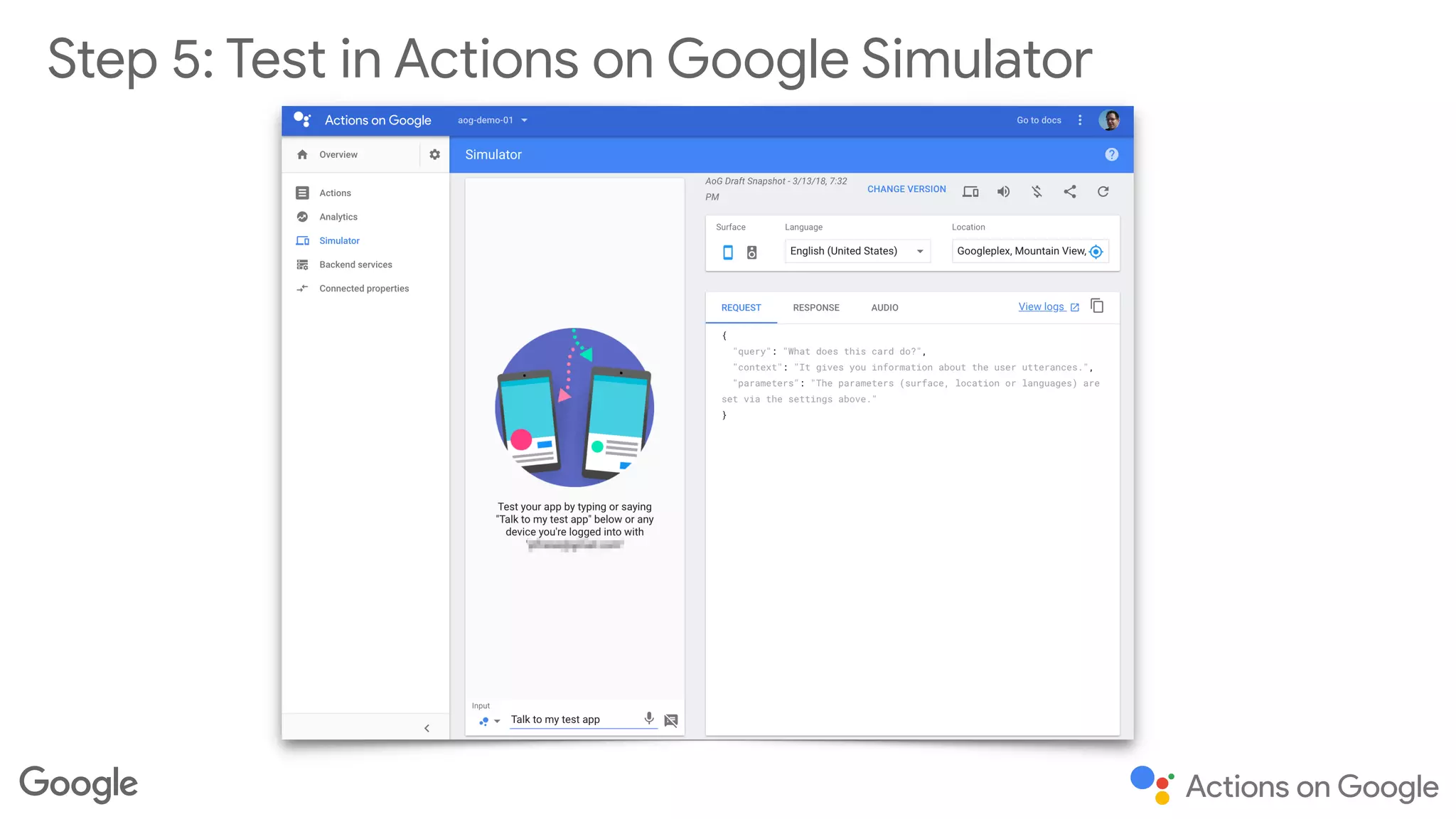 Step 5: Test in Actions on Google Simulator
 
