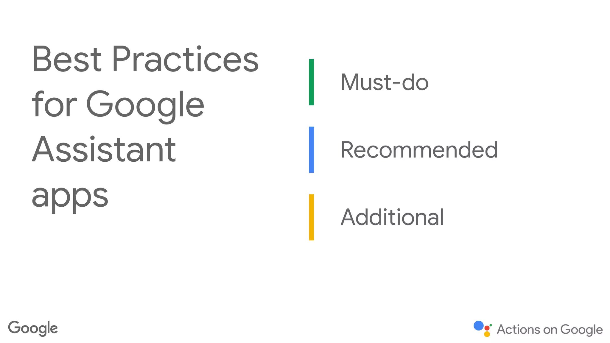 Best Practices
for Google
Assistant
apps
Must-do
Recommended
Additional
 