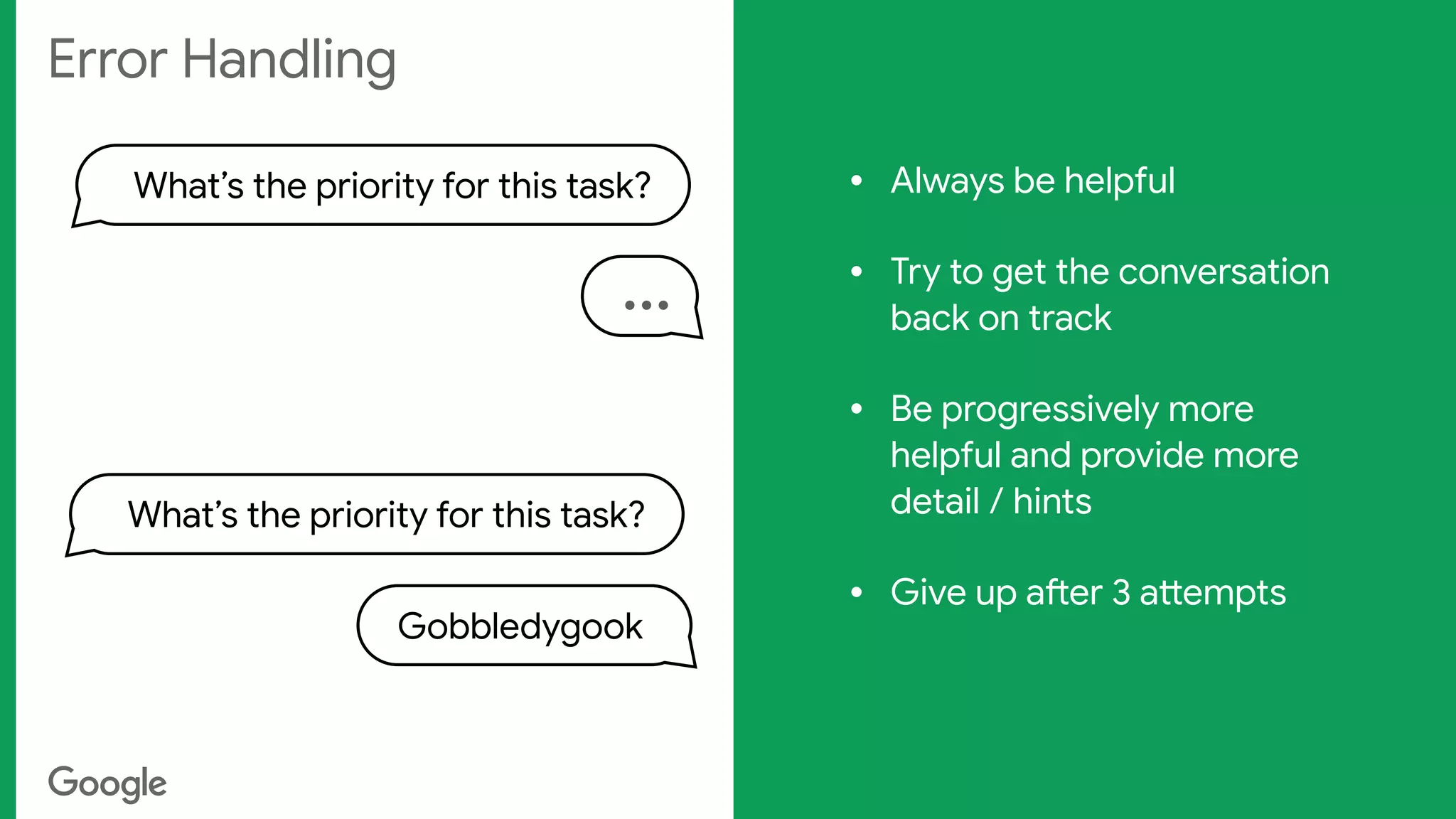 Error Handling
What’s the priority for this task?
…
What’s the priority for this task?
Gobbledygook
• Always be helpful

• Try to get the conversation
back on track

• Be progressively more
helpful and provide more
detail / hints

• Give up after 3 attempts

 
