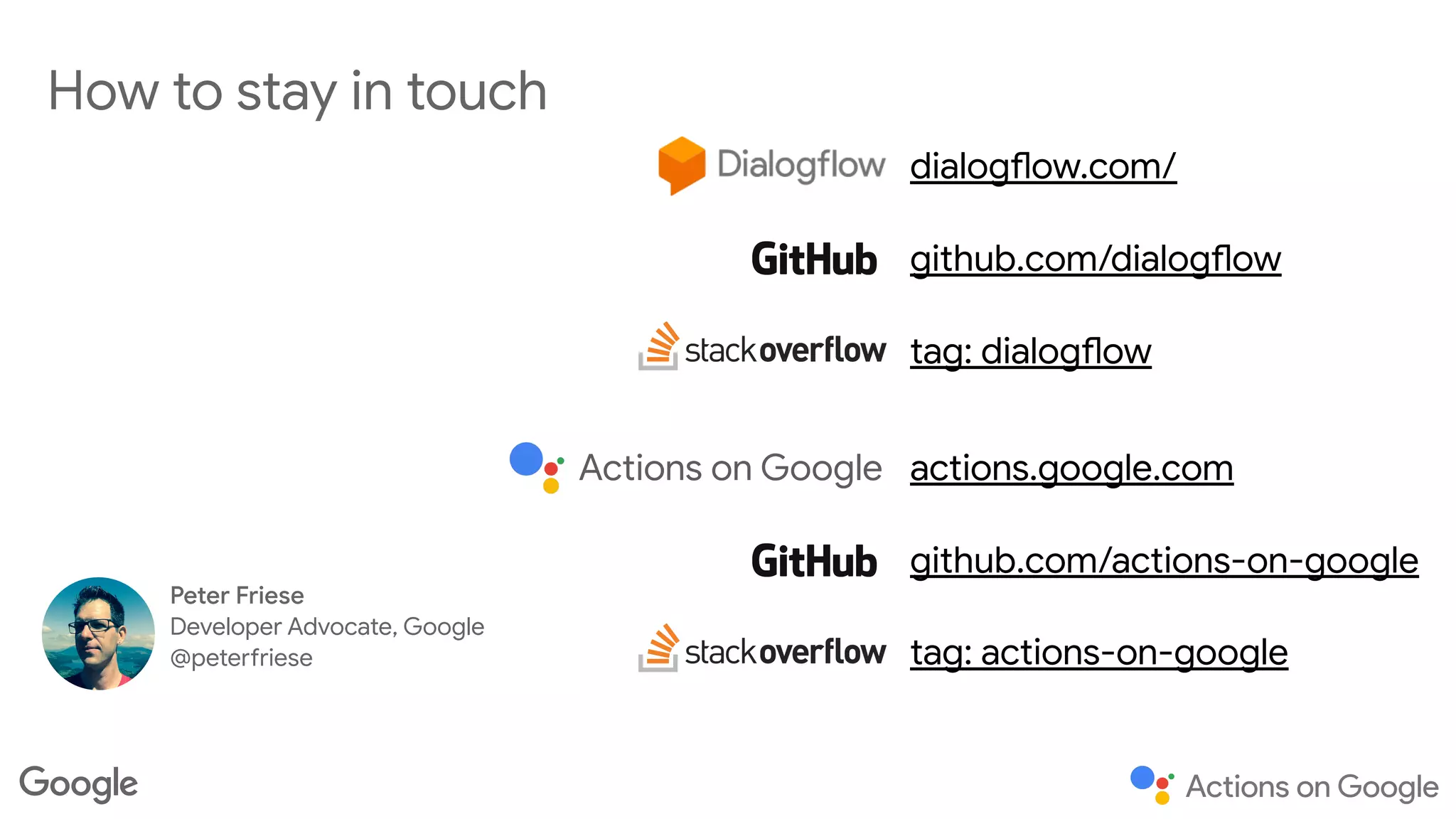 How to stay in touch
dialogflow.com/
github.com/dialogflow
tag: dialogflow
Actions on Google actions.google.com
github.com/actions-on-google
tag: actions-on-google
Peter Friese

Developer Advocate, Google

@peterfriese
 