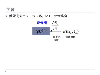 学習
   教師ありニューラルネットワークの場合
            逆伝播        En
                ( )   h
            W                E (h n , t n )
                       誤差の     誤差関数
                        勾配
 