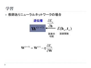 学習
   教師ありニューラルネットワークの場合
                     逆伝播            En
                         ( 1)     h
                     W                    E (h n , t n )
                                    誤差の     誤差関数
                                     勾配



            ( 1)        ( )      En
        W            W          
                                    W
 