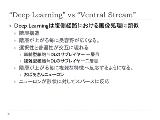 “Deep Learning” vs “Ventral Stream”
   Deep Learningは腹側経路における画像処理に類似
       階層構造
       階層が上がる毎に受容野が広くなる。
       選択性と普遍性が交互に現れる
           単純型細胞≒DLのサブレイヤー 一層目
           複雑型細胞≒DLのサブレイヤー二層目
       階層が上がる毎に複雑な特徴へ反応するようになる。
           おばあさんニューロン
       ニューロンが形状に対してスパースに反応
 