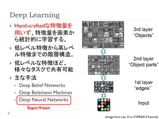 Deep Learning
   Hand-craftedな特徴量を
    用いず、特徴量を画素か
    ら統計的に学習する。
   低レベル特徴から高レベ
    ル特徴までの階層構造。
   低レベルな特徴ほど、
    様々なタスクで共有可能
   主な手法
       Deep Belief Networks
       Deep Bolzmann Machines
       Deep Neural Networks
           Super Vision

                                 (Image from Lee. H in CVPR2012 Tutorial)
 