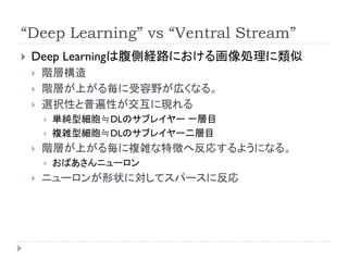 “Deep Learning” vs “Ventral Stream”
   Deep Learningは腹側経路における画像処理に類似
       階層構造
       階層が上がる毎に受容野が広くなる。
       選択性と普...