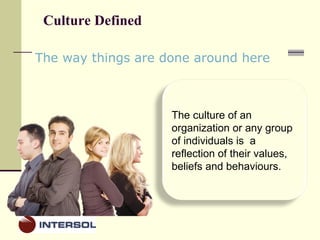 Culture Defined The way things are done around here The culture of an organization or any group of individuals is  a reflection of their values, beliefs and behaviours.  