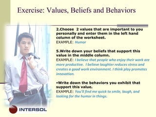 Exercise: Values, Beliefs and Behaviors Choose  2 values that are important to you personally and enter them in the left hand column of the worksheet. EXAMPLE:  Humor Write down your beliefs that support this value in the middle column. EXAMPLE:  I believe that people who enjoy their work are more productive.  I believe laughter reduces stress and creates a good work environment. I think play promotes innovation. Write down the behaviors you exhibit that support this value. EXAMPLE:  You’ll find me quick to smile, laugh, and looking for the humor in things. 