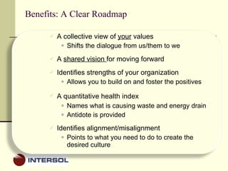 Benefits: A Clear Roadmap A collective view of  your  values Shifts the dialogue from us/them to we A  shared vision  for moving forward Identifies strengths of your organization Allows you to build on and foster the positives A quantitative health index   Names what is causing waste and energy drain Antidote is provided  Identifies alignment/misalignment Points to what you need to do to create the desired culture 