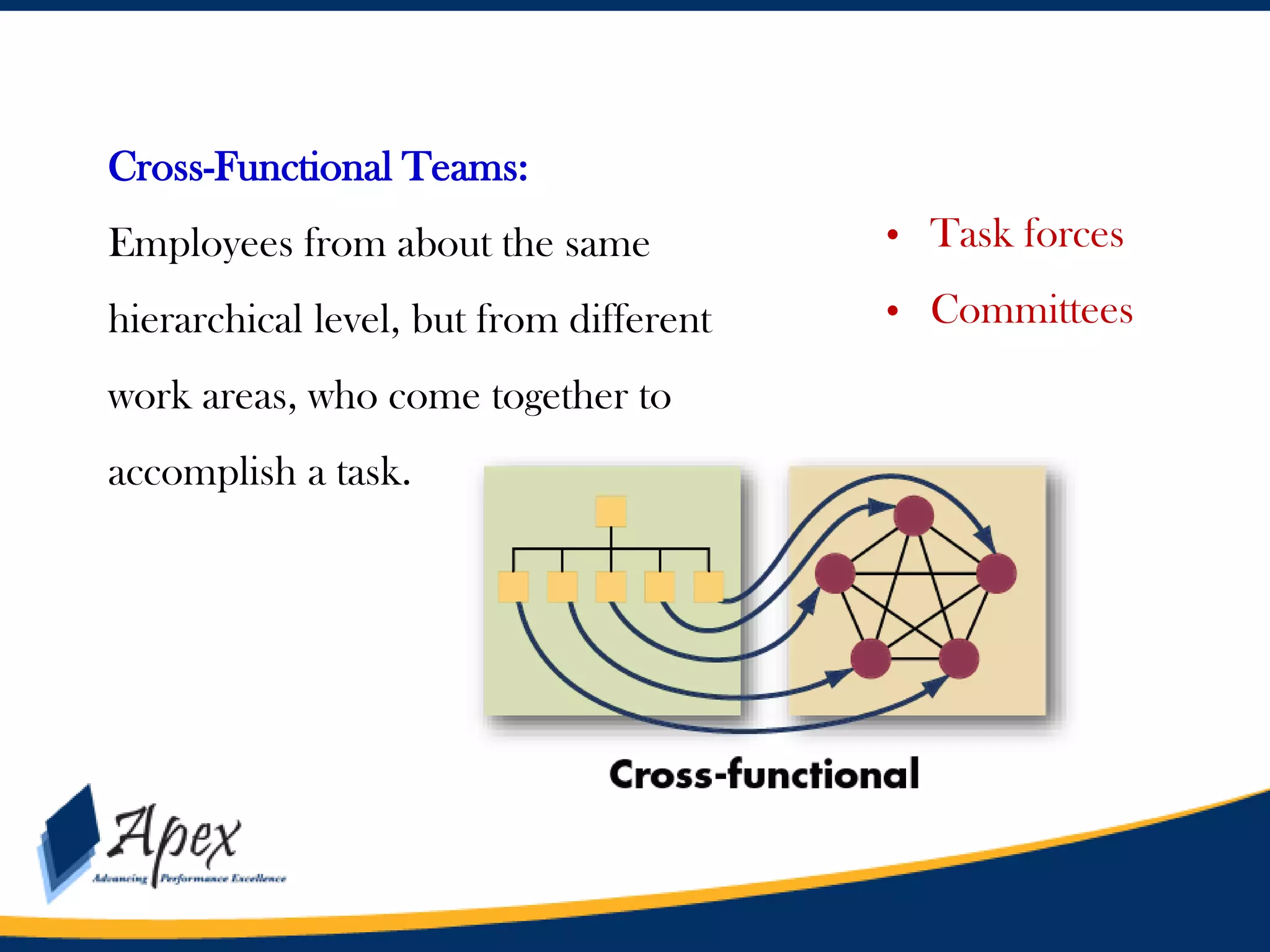 Cross-Functional Teams:
Employees from about the same

• Task forces

hierarchical level, but from different

• Committees

work areas, who come together to
accomplish a task.

 