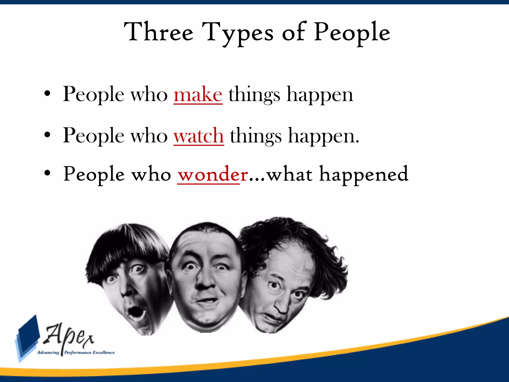Three Types of People
• People who make things happen

• People who watch things happen.
• People who wonder…what happened

 