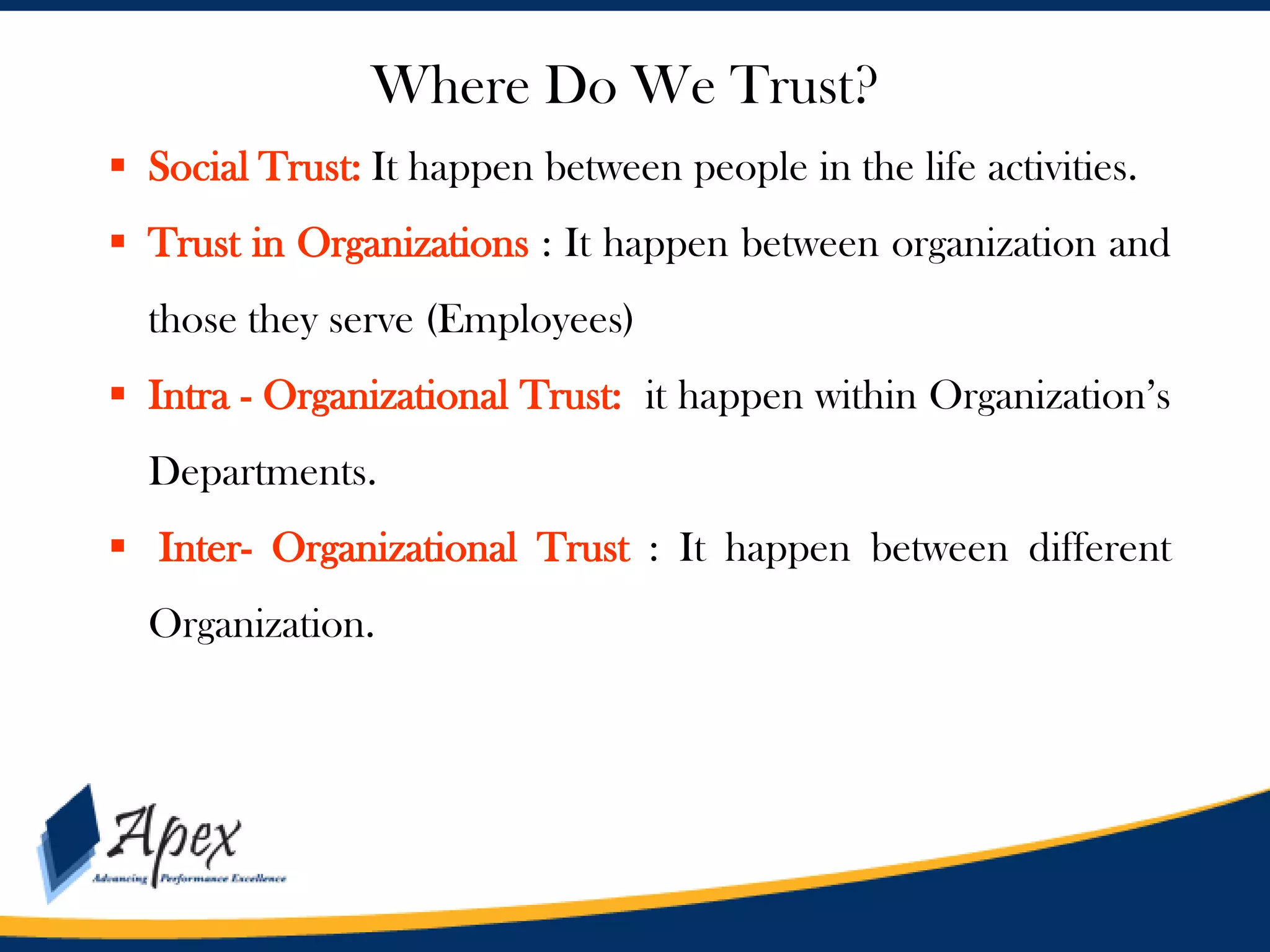 Where Do We Trust?
Management

 Social Trust: It happen between people in the life activities.
 Trust in Organizations : It happen between organization and
those they serve (Employees)

 Intra - Organizational Trust: it happen within Organization’s
Departments.

 Inter- Organizational Trust : It happen between different
Organization.

 