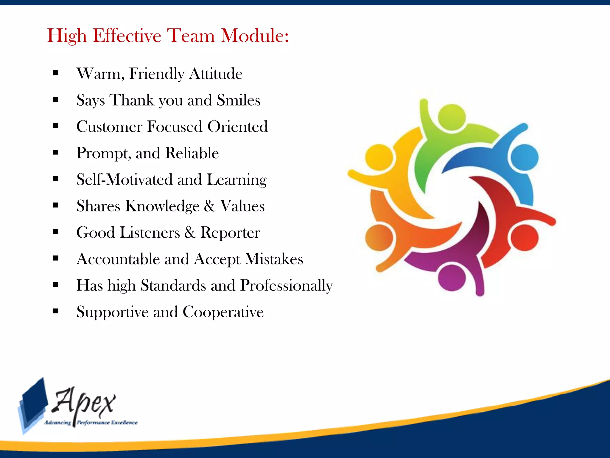 High Effective Team Module:

Management

 Warm, Friendly Attitude
 Says Thank you and Smiles
 Customer Focused Oriented
 Prompt, and Reliable
 Self-Motivated and Learning
 Shares Knowledge & Values
 Good Listeners & Reporter

 Accountable and Accept Mistakes
 Has high Standards and Professionally
 Supportive and Cooperative

 