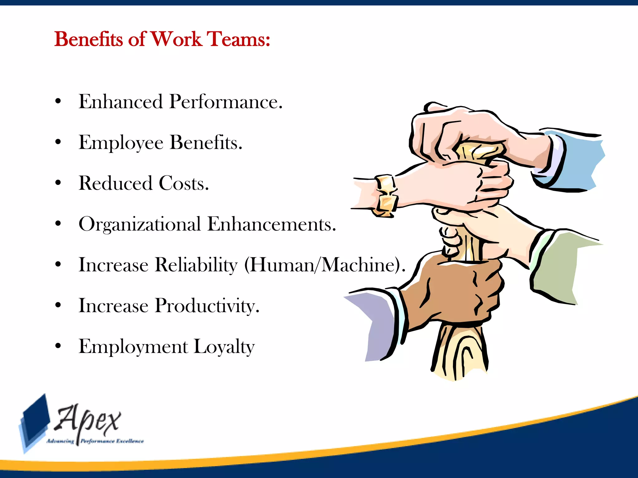 Benefits of Work Teams:
• Enhanced Performance.
• Employee Benefits.

• Reduced Costs.
• Organizational Enhancements.
• Increase Reliability (Human/Machine).
• Increase Productivity.
• Employment Loyalty

 