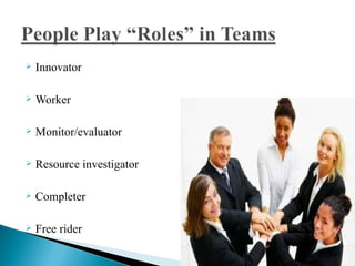    Innovator

   Worker

   Monitor/evaluator

   Resource investigator

   Completer

   Free rider
 