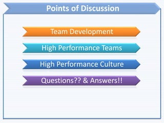 Points of Discussion
Team Development
High Performance Teams
High Performance Culture
Questions?? & Answers!!
 