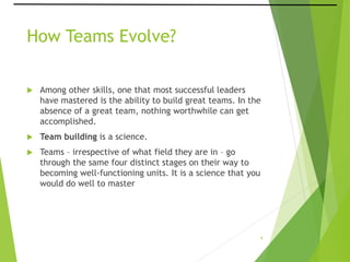 How Teams Evolve?
 Among other skills, one that most successful leaders
have mastered is the ability to build great teams...