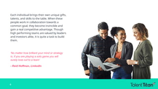 Each individual brings their own unique gifts,
talents, and skills to the table. When these
people work in collaboration towards a
common goal, they become invincible and
gain a real competitive advantage. Though
high performing teams are valued by leaders
and investors alike, it is quite a task to build
them.
4
‘No matter how brilliant your mind or strategy
is, if you are playing a solo game you will
surely lose out to a team’
- Reid Hoffman, LinkedIn
 