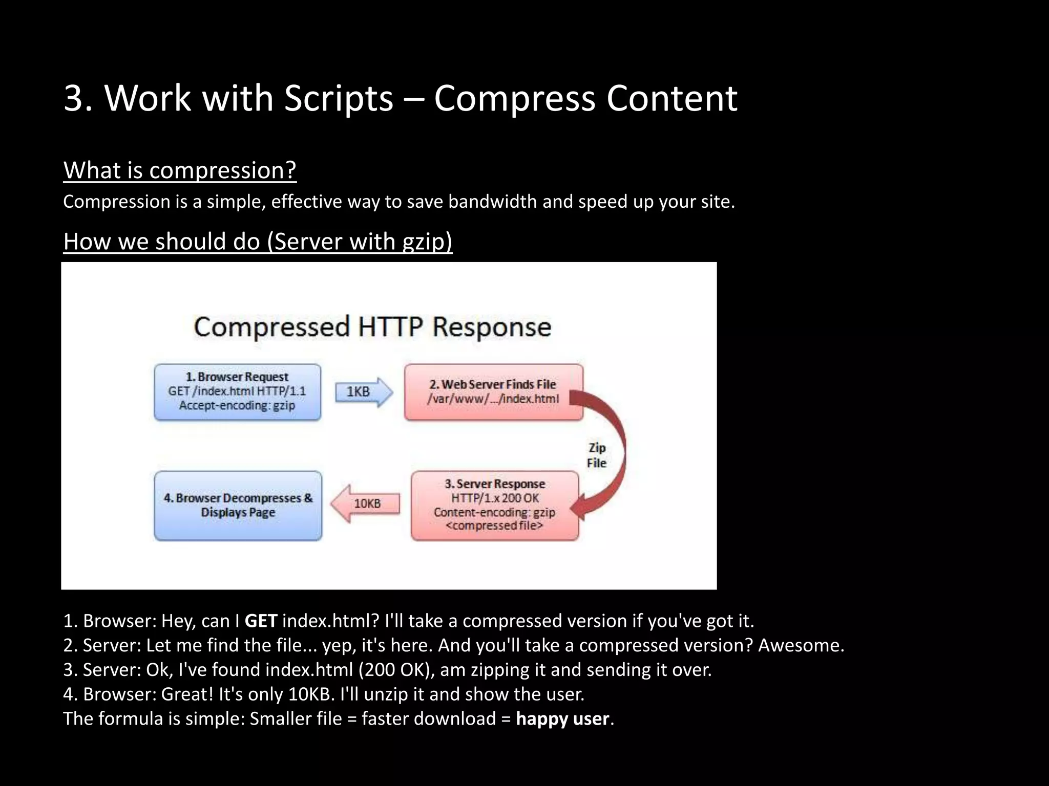 3. Work with Scripts – Compress Content
How we should do (Server with gzip)
Compression is a simple, effective way to save bandwidth and speed up your site.
What is compression?
1. Browser: Hey, can I GET index.html? I'll take a compressed version if you've got it.
2. Server: Let me find the file... yep, it's here. And you'll take a compressed version? Awesome.
3. Server: Ok, I've found index.html (200 OK), am zipping it and sending it over.
4. Browser: Great! It's only 10KB. I'll unzip it and show the user.
The formula is simple: Smaller file = faster download = happy user.
 