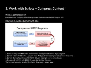 3. Work with Scripts – Compress Content
How we should do (Server with gzip)
Compression is a simple, effective way to save bandwidth and speed up your site.
What is compression?
1. Browser: Hey, can I GET index.html? I'll take a compressed version if you've got it.
2. Server: Let me find the file... yep, it's here. And you'll take a compressed version? Awesome.
3. Server: Ok, I've found index.html (200 OK), am zipping it and sending it over.
4. Browser: Great! It's only 10KB. I'll unzip it and show the user.
The formula is simple: Smaller file = faster download = happy user.
 