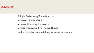 A High Performing Team is a team
who works in synergies ,
who continuously improves,
who is empowered to change things
and who delivers astonishing business outcomes.
SUMMARY
 