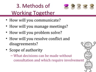 3. Methods of
    Working Together
• How will you communicate?
• How will you manage meetings?
• How will you problem solv...