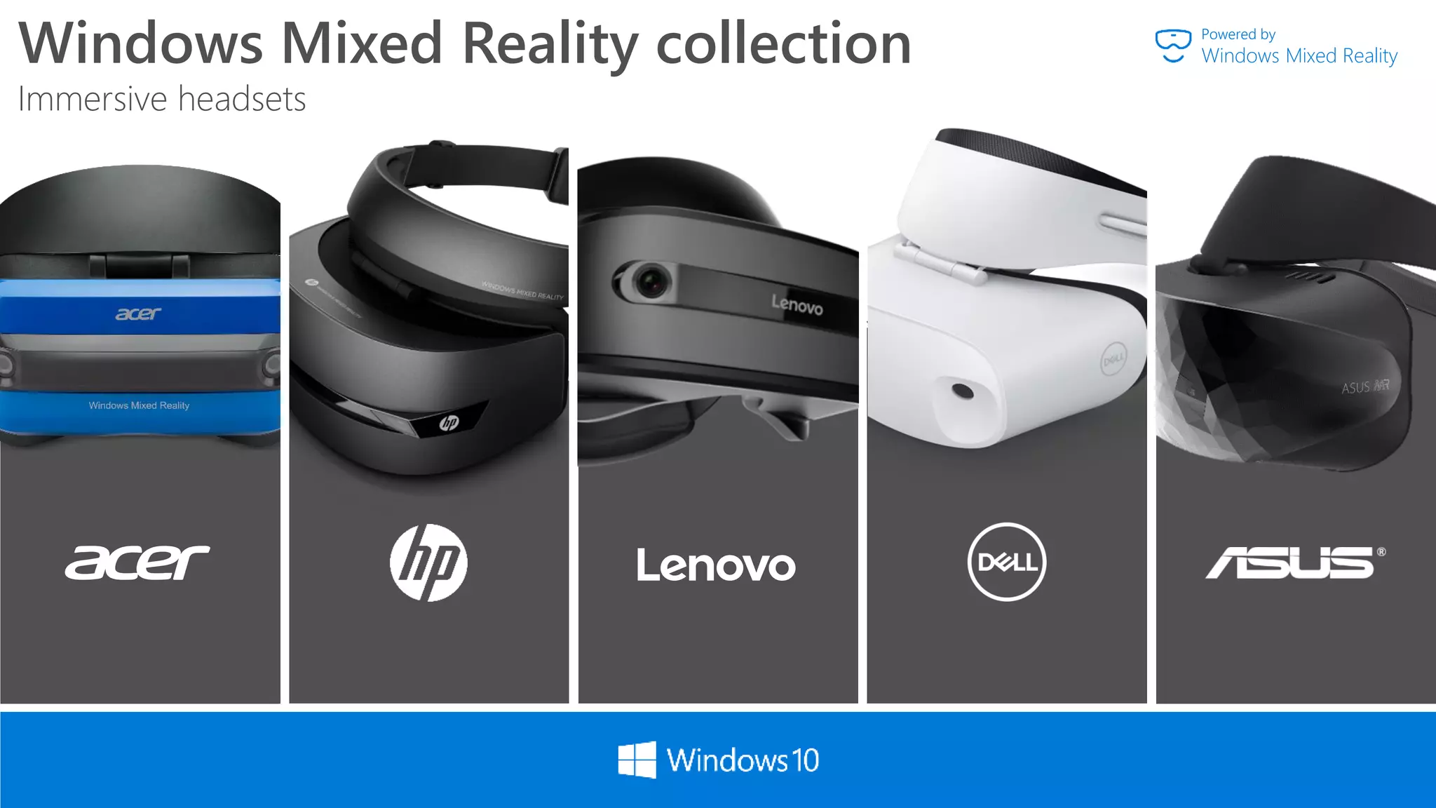 Windows Mixed Reality collection
Immersive headsets
Powered by
Windows Mixed Reality
 