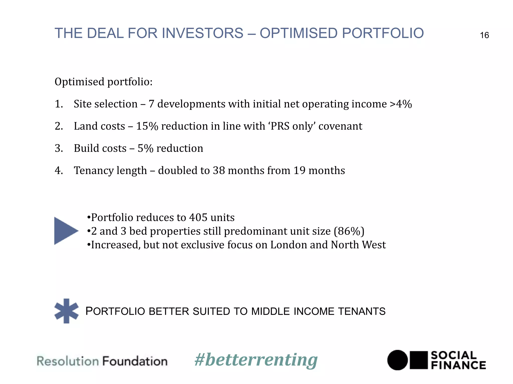 THE DEAL FOR INVESTORS – OPTIMISED PORTFOLIO
Optimised portfolio:
1. Site selection – 7 developments with initial net operating income >4%
2. Land costs – 15% reduction in line with ‘PRS only’ covenant
3. Build costs – 5% reduction
4. Tenancy length – doubled to 38 months from 19 months
16
•Portfolio reduces to 405 units
•2 and 3 bed properties still predominant unit size (86%)
•Increased, but not exclusive focus on London and North West
PORTFOLIO BETTER SUITED TO MIDDLE INCOME TENANTS
#betterrenting
 