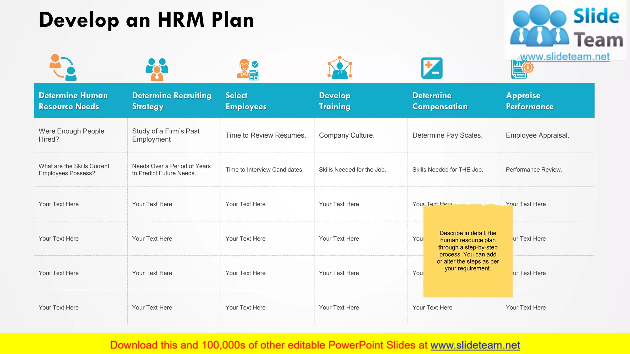 Develop an HRM Plan
Determine Human
Resource Needs
Determine Recruiting
Strategy
Select
Employees
Develop
Training
Determine
Compensation
Appraise
Performance
Were Enough People
Hired?
Study of a Firm’s Past
Employment
Time to Review Résumés. Company Culture. Determine Pay Scales. Employee Appraisal.
What are the Skills Current
Employees Possess?
Needs Over a Period of Years
to Predict Future Needs.
Time to Interview Candidates. Skills Needed for the Job. Skills Needed for THE Job. Performance Review.
Your Text Here Your Text Here Your Text Here Your Text Here Your Text Here Your Text Here
Your Text Here Your Text Here Your Text Here Your Text Here Your Text Here Your Text Here
Your Text Here Your Text Here Your Text Here Your Text Here Your Text Here Your Text Here
Your Text Here Your Text Here Your Text Here Your Text Here Your Text Here Your Text Here
Describe in detail, the
human resource plan
through a step-by-step
process. You can add
or alter the steps as per
your requirement.
4
 