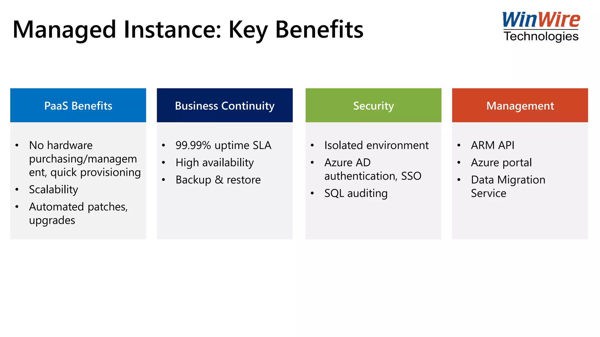 Managed Instance: Key Benefits
PaaS Benefits
• No hardware
purchasing/managem
ent, quick provisioning
• Scalability
• Automated patches,
upgrades
Business Continuity
• 99.99% uptime SLA
• High availability
• Backup & restore
Security
• Isolated environment
• Azure AD
authentication, SSO
• SQL auditing
Management
• ARM API
• Azure portal
• Data Migration
Service
 