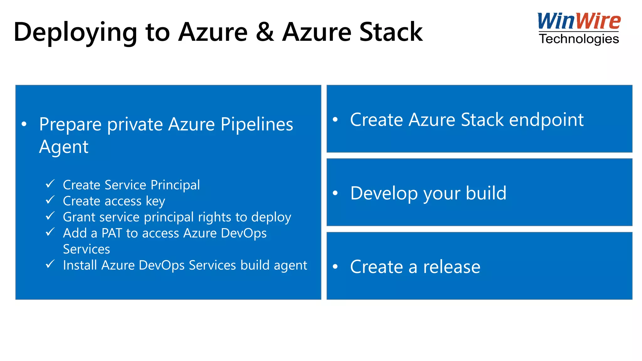 Deploying to Azure & Azure Stack
• Prepare private Azure Pipelines
Agent
✓ Create Service Principal
✓ Create access key
✓ Grant service principal rights to deploy
✓ Add a PAT to access Azure DevOps
Services
✓ Install Azure DevOps Services build agent
• Create Azure Stack endpoint
• Develop your build
• Create a release
 