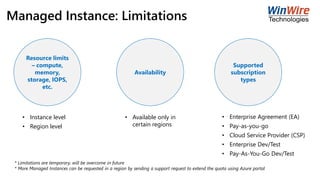 Managed Instance: Limitations
Resource limits
– compute,
memory,
storage, IOPS,
etc.
Availability
Supported
subscription
types
• Instance level
• Region level
• Available only in
certain regions
• Enterprise Agreement (EA)
• Pay-as-you-go
• Cloud Service Provider (CSP)
• Enterprise Dev/Test
• Pay-As-You-Go Dev/Test
* Limitations are temporary, will be overcome in future
* More Managed Instances can be requested in a region by sending a support request to extend the quota using Azure portal
 
