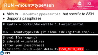 RUN --mount=type=ssh
20
● Akin to --mount=type=secret but specific to SSH
● Supports passphrase
# syntax = docker/dockerfi...