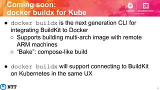 Coming soon:
docker buildx for Kube
54
● docker buildx is the next generation CLI for
integrating BuildKit to Docker
○ Sup...
