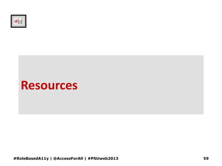Resources
#RoleBasedA11y | @AccessForAll | #PSUweb2013 59
 